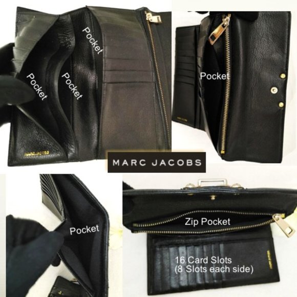 MARC JACOBS Wallet Black Genuine Leather Quilted Trifold Cards Bills Slots Bill… - Picture 6 of 11